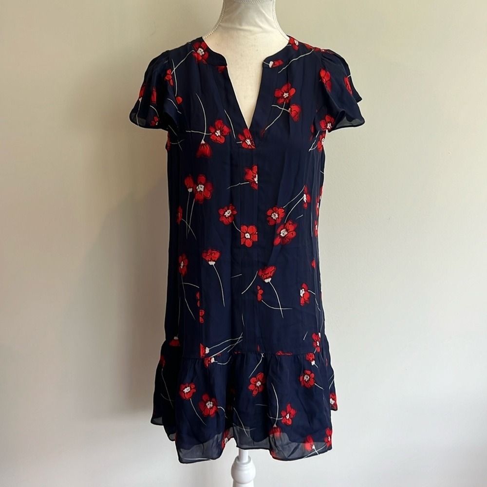 New Parker Violet Dress Navy Red Floral Silk Blend Women's Size Small Flutter - Picture 5 of 14